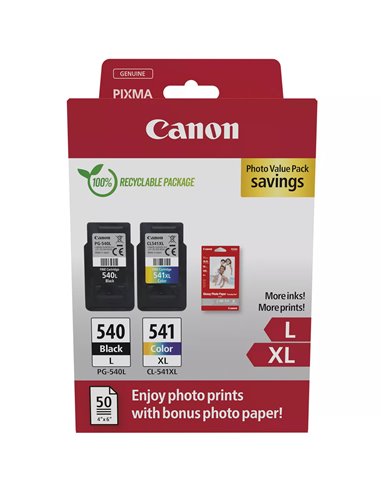 Canon PG540L - Noir + CL541XL Couleur - Lot de 2 - 50 Feuilles de Papier Photo - 5224B012/5224B007/5224B005/5222B013/5222B014