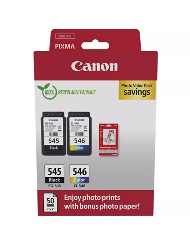 Canon PG545 - Noir + CL546 Couleur - Pack de es + 50 Feuilles de Papier Photo - 8287B008/8287B006/8287B005