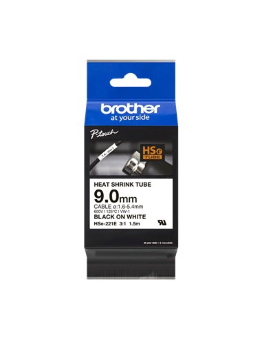 Ruban d'étiquettes pour tube thermorétractable Brother HSe221E pour câble - Texte - Noir sur fond blanc - Largeur 9mm x 1,5 mètr