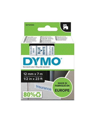 Ruban d'étiquettes Dymo D1 pour étiqueteuse - Texte bleu sur fond blanc - Largeur 12 mm x 7 mètres - S0720540