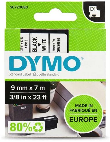 Dymo D1 40913 Ruban d'étiquettes pour étiqueteuse - Texte - Noir sur fond blanc - Largeur 9 mm x 7 mètres - S0720680