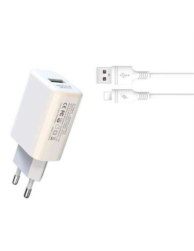 XO - Chargeur secteur L85D 18W + Câble Lightning - Chargement rapide - Protection contre les surtensions - Couleur blanche