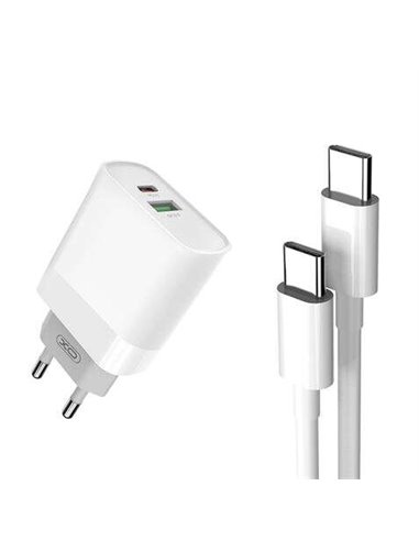 XO - Pack chargeur secteur L64 1x USB-A, 1x USB-C 18W Charge rapide -a 3.0 + Câble USB-C vers USB-C 1m