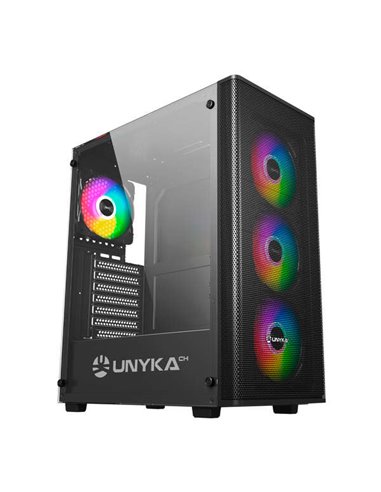 Unykach - Boîtier de jeu MIR 100 ATX, Micro ATX, ITX - Côté en verre trempé - USB-A 2.0, 3.0 et audio - 4 ventilateurs ARGB de 1