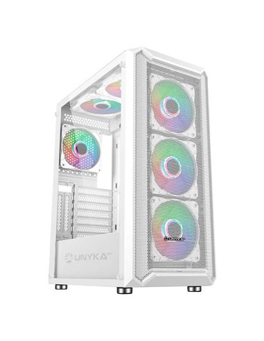 Unykach - Boîtier Armor 3Gen White ATX, Micro ATX, ITX - Côté en verre trempé - USB-A 3.0, USB-C et audio - 4 ventilateurs ARGB 