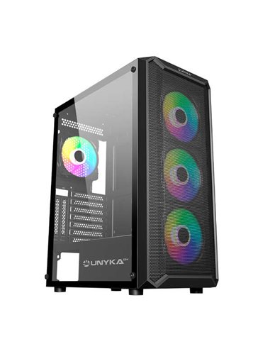 Unykach - Boîtier Armor 3Gen ATX, Micro ATX, ITX - Côté en verre trempé - USB-A 3.0, USB-C et audio - 4 ventilateurs ARGB de 120