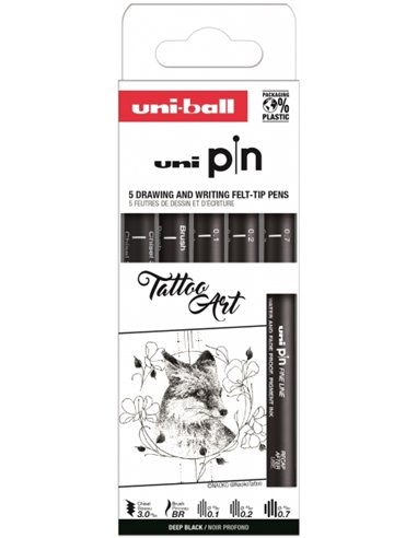 Uniball - Uni Pin Tattoo Art Pack de 5 marqueurs calibrés - Pointe polyacétal - Encre pigmentée résistante à l'eau et à la lumiè