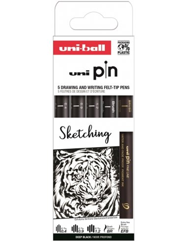 Uniball - Uni Pin Sketching Pack de 5 Marqueurs Calibrés - Pointe Polyacétal - Encre Pigmentée Résistante à l'Eau et à la Lumièr