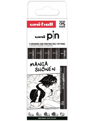 Uniball - Uni Pin Manga Shonen Pack de 5 Marqueurs Calibrés - Pointe Polyacétal - Encre Pigmentée Résistante à l'Eau et à la Lum