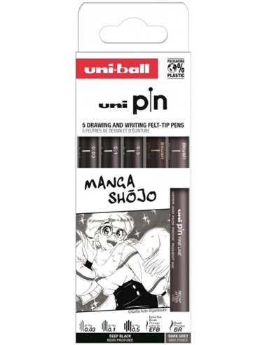 Uniball - Uni Pin Manga Shojo Pack de 5 Marqueurs Calibrés - Pointe Polyacétal - Encre Pigmentée Résistante à l'Eau et à la Lumi