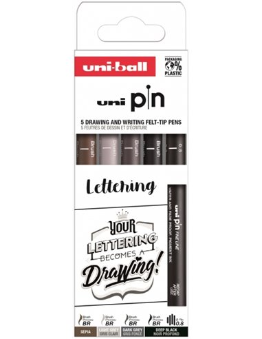 Uniball - Uni Pin Lettering Pack de 5 Marqueurs Calibrés - Pointe Polyacétal - Encre Pigmentée Résistante à l'Eau et à la Lumièr