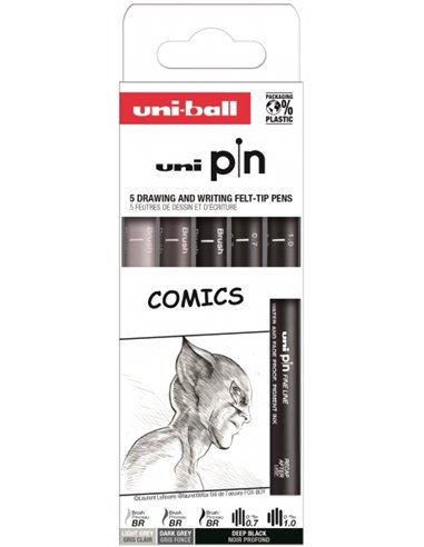 Uniball - Uni Pin Comics Pack de 5 Feutres Calibrés - Pointe Polyacétal - Encre Pigmentée Résistante à l'Eau et à la Lumière - C