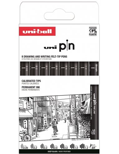 Uniball - Uni Pin Classic II Pack de 8 Marqueurs Calibrés - Pointe Polyacétal - Encre Pigmentée Résistante à l'Eau et à la Lumiè