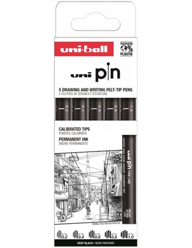 Uniball - Uni Pin Classic II Pack de 5 Marqueurs Calibrés - Pointe Polyacétal - Encre Pigmentée Résistante à l'Eau et à la Lumiè