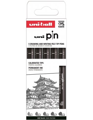 Uniball - Uni Pin Classic I Pack de 5 Marqueurs Calibrés - Pointe Polyacétal - Encre Pigmentée Résistante à l'Eau et à la Lumièr