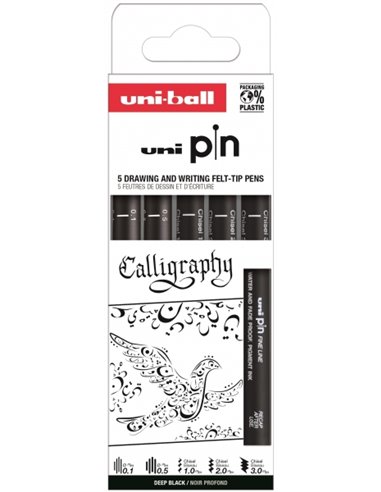 Uniball - Uni Pin Calligraphy Pack de 5 marqueurs calibrés - Encre pigmentée résistante à l'eau et à la lumière - Idéal pour le 