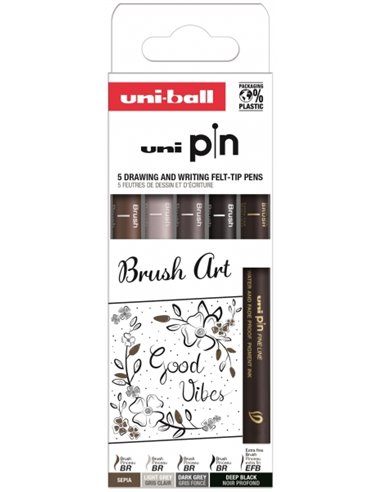 Uniball - Uni Pin Brush Art Pack de 5 marqueurs calibrés - Pointe polyacétal - Encre pigmentée résistante à l'eau et à la lumièr