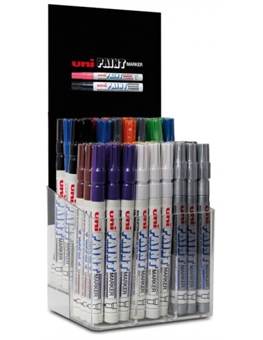 Uniball - Présentoir PX-21 de 54 marqueurs peinture - Pointe ogive acrylique 0,8-1,2 mm - Trait fin - Corps en aluminium - Encre