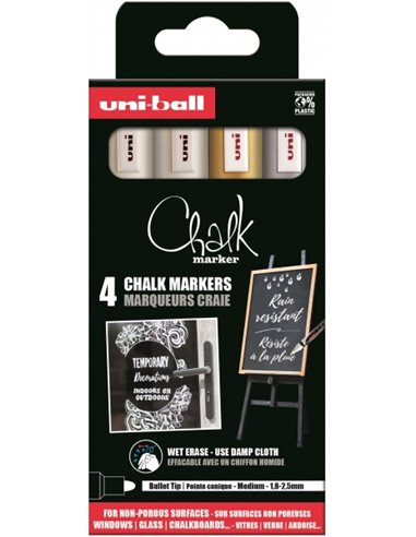 Uniball - PWE-5M Pack de 4 marqueurs à craie liquide - Pointe conique 1,8-2,5 mm - Effaçable à l'eau - Résistant à la pluie et à