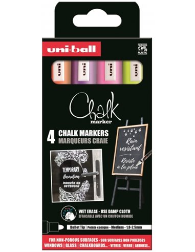 Uniball - PWE-5M Pack de 4 marqueurs à craie liquide - Pointe conique 1,8-2,5 mm - Effaçable à l'eau - Résistant à la pluie - Id