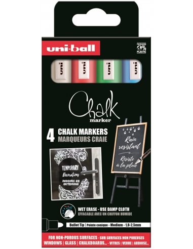 Uniball - PWE-5M Pack de 4 marqueurs à craie liquide - Pointe conique 1,8-2,5 mm - Effaçable à l'eau - Résistant à la pluie - Co