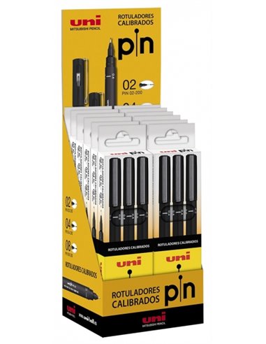 Uniball - PIN0X-200/12 Présentoir de 12 étuis de marqueurs calibrés - Pointe polyacétal - Encre pigmentée résistante à l'eau et 