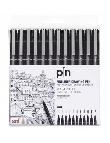 Uniball - PIN-200(S) Pack de 12 Marqueurs Calibrés - Pointe Polyacétal - Encre Pigmentée Résistante à l'Eau et à la Lumière - Co