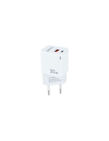 Tooq - Chargeur Mural GaN USB-C/PD + USB-A/QC 30W - Blanc