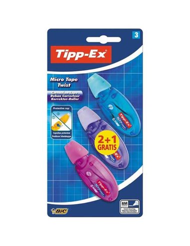 Tipp-Ex - Micro Tape Twist 2+1 Pack de 3 Rubans Correcteurs 5mm x 8m - Tête Rotative - Écriture Instantanée (Blister)