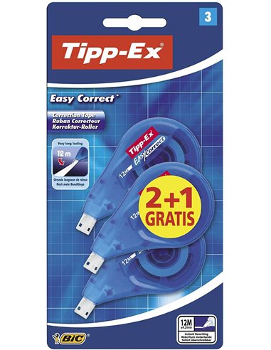 Tipp-Ex - Easy Correct 2+1 Pack de 3 Rubans Correcteurs 4,2mm x 12m - Résistant - Écriture Instantanée (Blister)