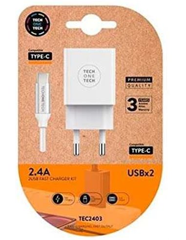 TechOneTech - Chargeur Double Mural + Câble USB-A vers USB-C 1m - Enduit Nylon Tressé