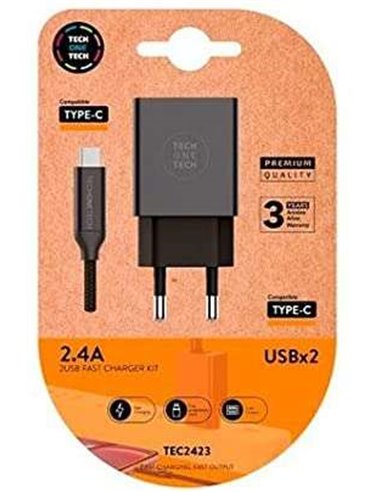 TechOneTech - Chargeur Double Mural + Câble USB-A vers USB-C 1m - Enduit Nylon Tressé