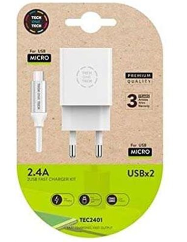 TechOneTech - Chargeur Double Mural + Câble USB-A vers Micro-USB 2.4 1m - Enduit Nylon Tressé