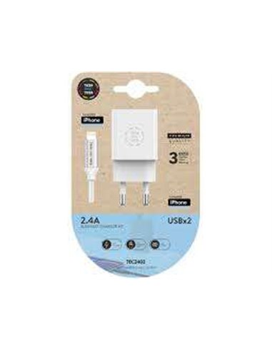 TechOneTech - Chargeur Double Mural + Câble USB-A vers Lightning 1m - Enduit Nylon Tressé