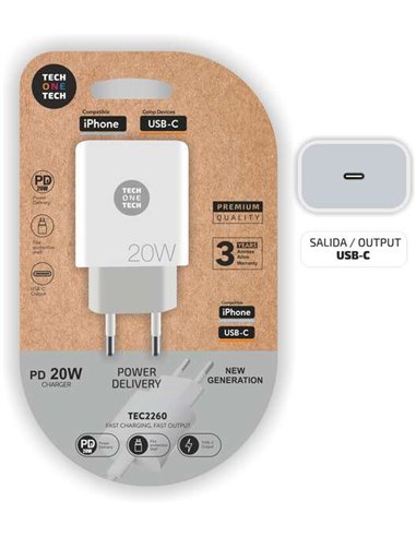 TechOneTech - Chargeur mural USB-C PD 3.0 5V-15V 20W - UltraRapid -o