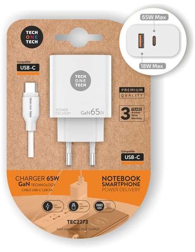 TechOneTech - Chargeur Mural GaN PD 3.0 65W - Pour Ordinateurs Portables et Smartphones - Câble USB-C vers USB-C 1m