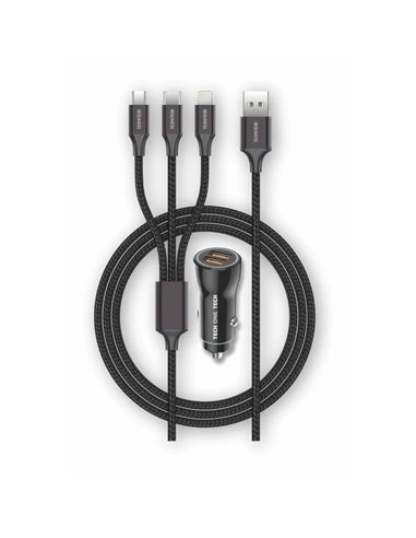 TechOneTech - 2x Chargeur de Voiture USB-A + Câble 3-en-1 MicroUSB, Lightning et USB-C - Noir