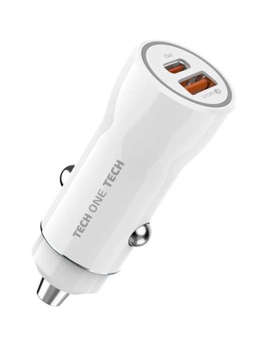 TechOneTech - Chargeur de voiture 1x USB-A, 1x USB-C - Max. 38W - Couleur Blanc