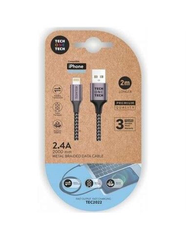 TechOneTech - Câble USB-A mâle vers Lightning mâle 2 m - Revêtement en nylon tressé