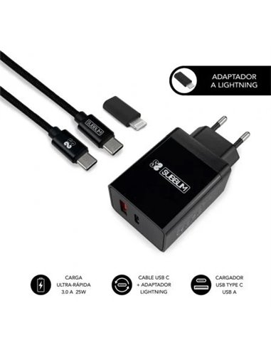 SubBlim - Chargeur domestique 2 ports - 25W - Charge rapide PD 3.0/2.0/Quick Charge 3.0 4.0 2.0 - Câble USB C réversible - Noir