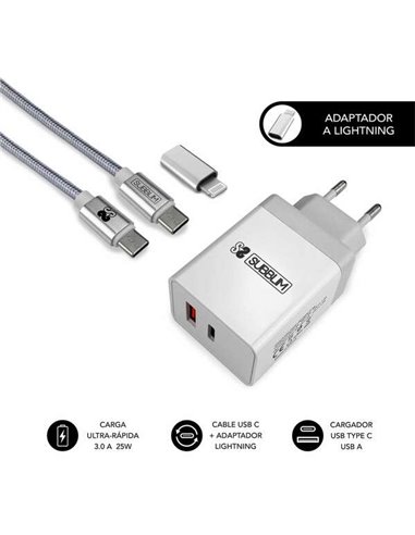 SubBlim - Chargeur Mural 25W - 2 Ports (USB C + USB A) - Charge ultra rapide - Câble USB C haute performance - Extérieur en fibr