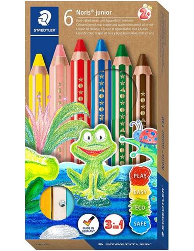 Staedtler - Noris Junior Pack de 6 Crayons de Couleur Extra Épais + Taille-Taille - 3 en 1, Crayon, Cire et Aquarelle - Couleurs