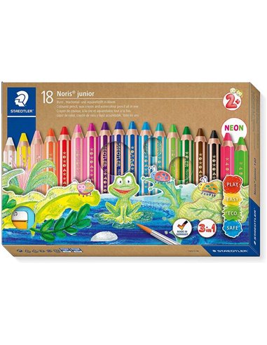 Staedtler - Noris Junior Pack de 18 Crayons de Couleur Extra Épais + Taille-Taille - 3 en 1, Crayon, Cire et Aquarelle - Couleur