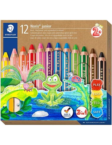 Staedtler - Noris Junior Pack de 12 Crayons de Couleur Extra Épais + Taille-Taille - 3 en 1, Crayon, Cire et Aquarelle - Couleur