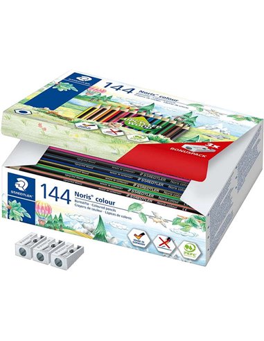 Staedtler - Noris Color 185 Lot de 144 crayons de couleur hexagonaux - Résistance à la rupture - Couleurs assorties