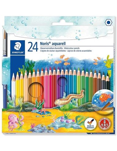 Staedtler - Noris Aquarell Pack de 24 crayons de couleur hexagonaux + pinceau - Bois issu de forêts durables - Couleurs assortie