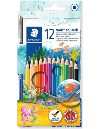 Staedtler - Noris Aquarell Pack de 12 crayons de couleur hexagonaux + pinceau - Bois issu de forêts durables - Couleurs assortie