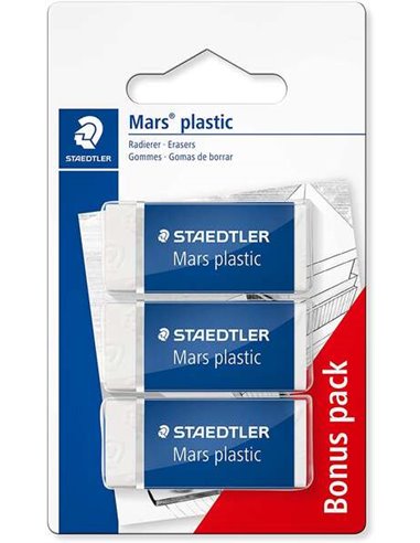 Staedtler - Mars Plastic Pack de 3 Gommes - Plastique - Haute Précision - Couleur Blanc