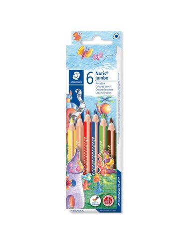 Staedtler - Jumbo Noris 128 Lot de 6 crayons de couleur triangulaires - Design ergonomique - Couleurs assorties