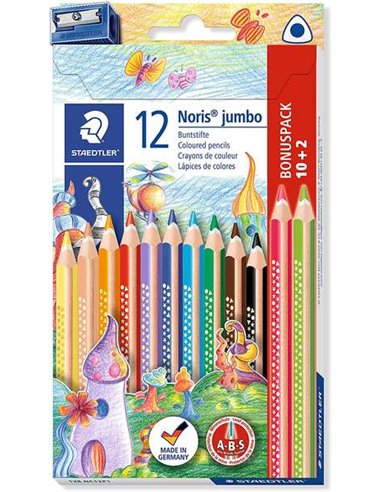 Staedtler - Jumbo Noris 128 Lot de 12 crayons de couleur triangulaires - Design ergonomique - Couleurs assorties